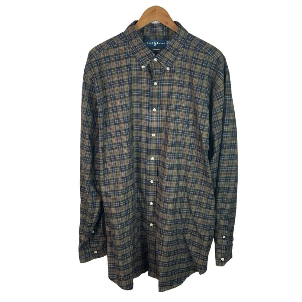 BF1148 Men’s Polo Ralph Lauren Designer Classic Fit Plaid Button Shirt 2XLT